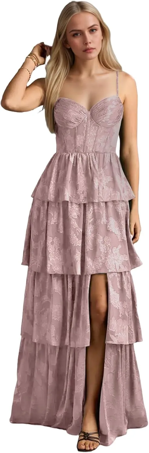 Women's Spaghetti Straps V-Neck Prom Dresses Long Tiered Ruffle Chiffon Formal Evening Gown with Slit NO144