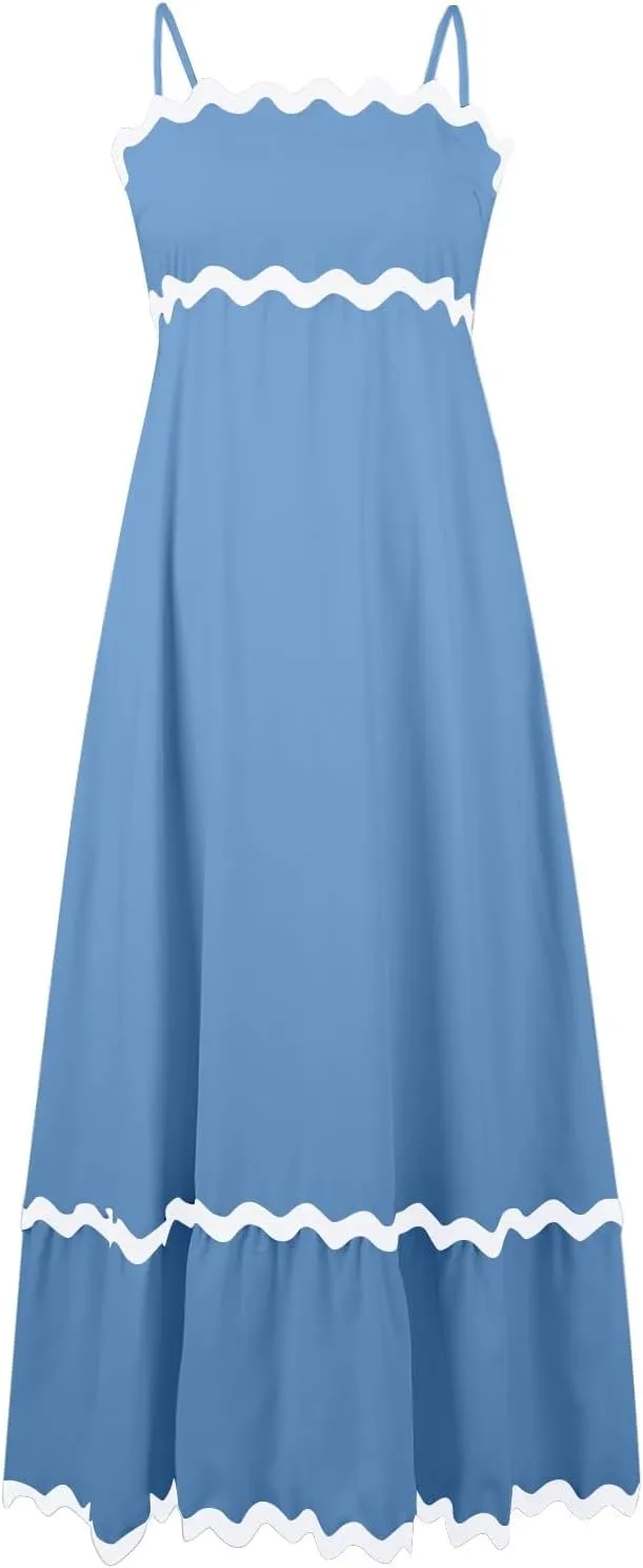 Women's Spring Dress Sleeveless Strapless Halter 2024 Casual Loose Solid Color Printed Maxi Dresses, S-3XL