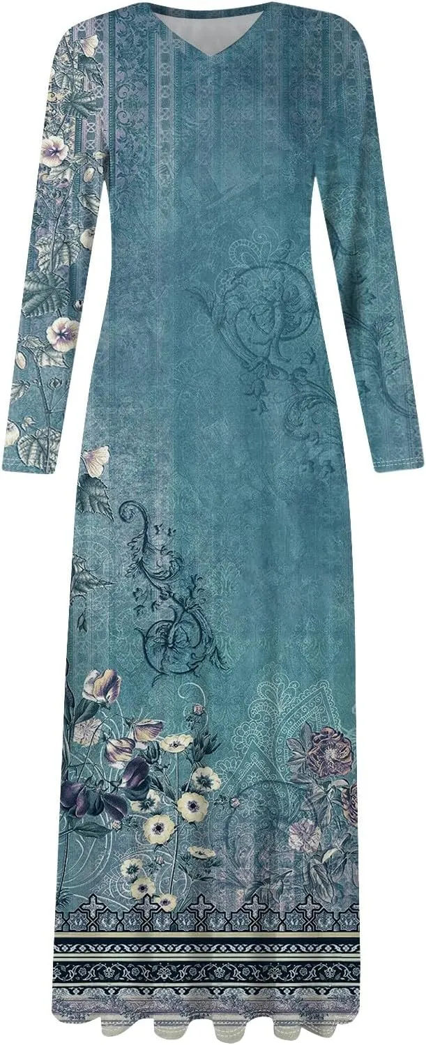 Women's Spring Pretty Sexy Long Sleeve Floral Print Dress Formal V-Neck Long Dresses