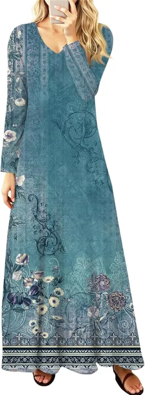 Women's Spring Pretty Sexy Long Sleeve Floral Print Dress Formal V-Neck Long Dresses