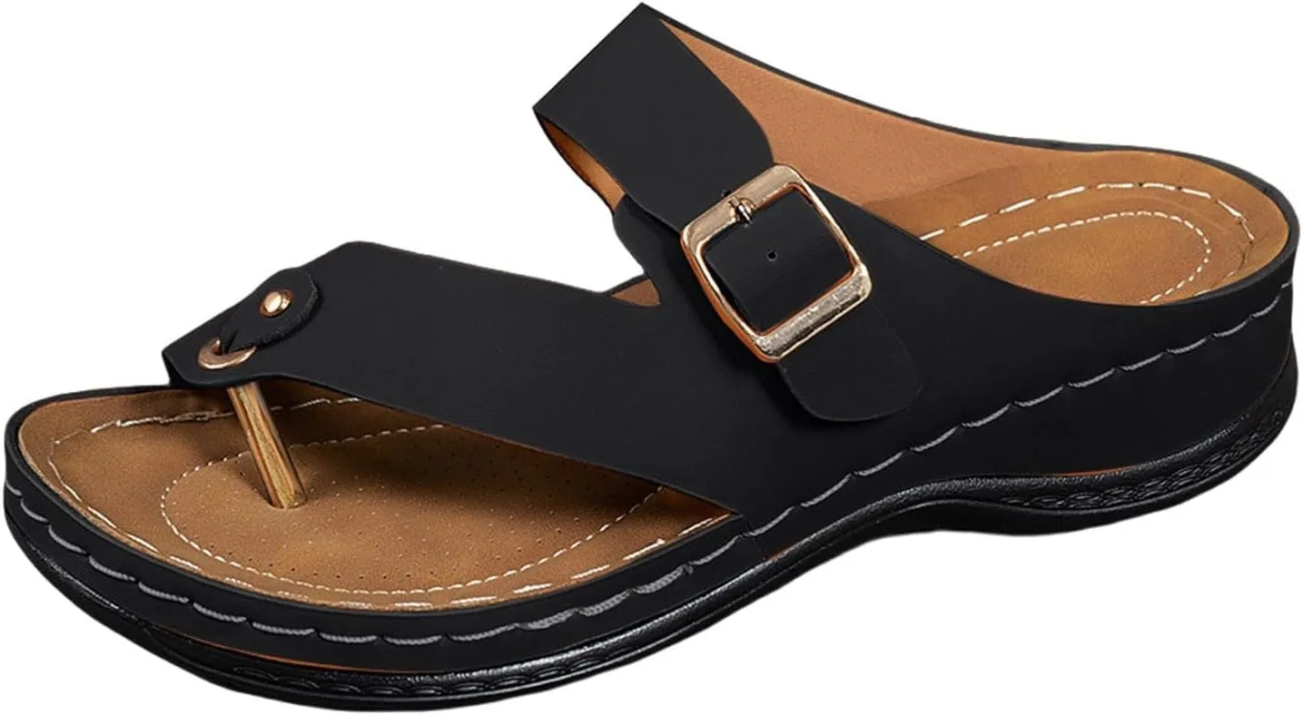 Women's Summer Arch Support Casual Leather Sandals Retro Comfortable Ring Toe Belt Buckle Wedge Flat Beach Sandals Walking Shoes