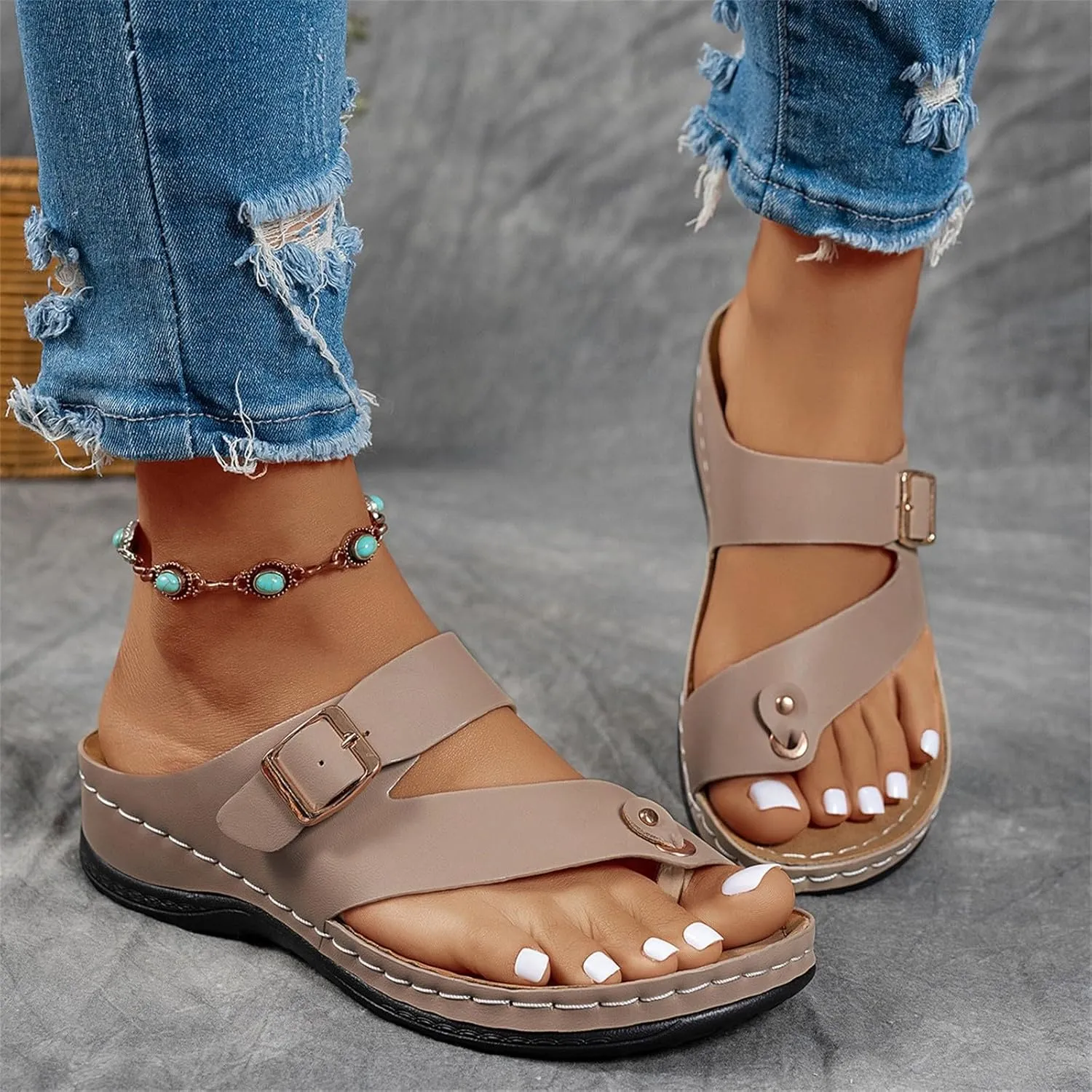 Women's Summer Arch Support Casual Leather Sandals Retro Comfortable Ring Toe Belt Buckle Wedge Flat Beach Sandals Walking Shoes