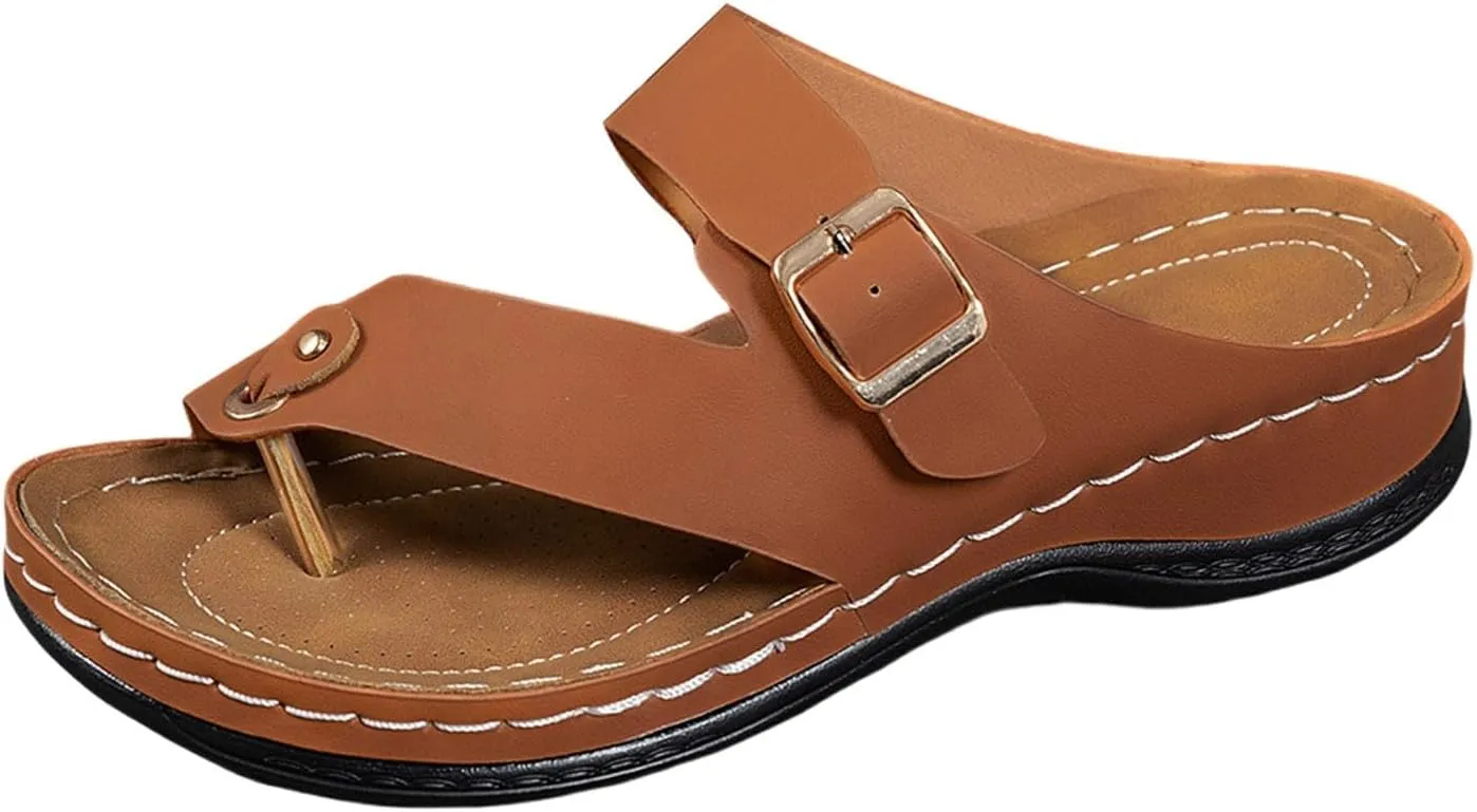 Women's Summer Arch Support Casual Leather Sandals Retro Comfortable Ring Toe Belt Buckle Wedge Flat Beach Sandals Walking Shoes