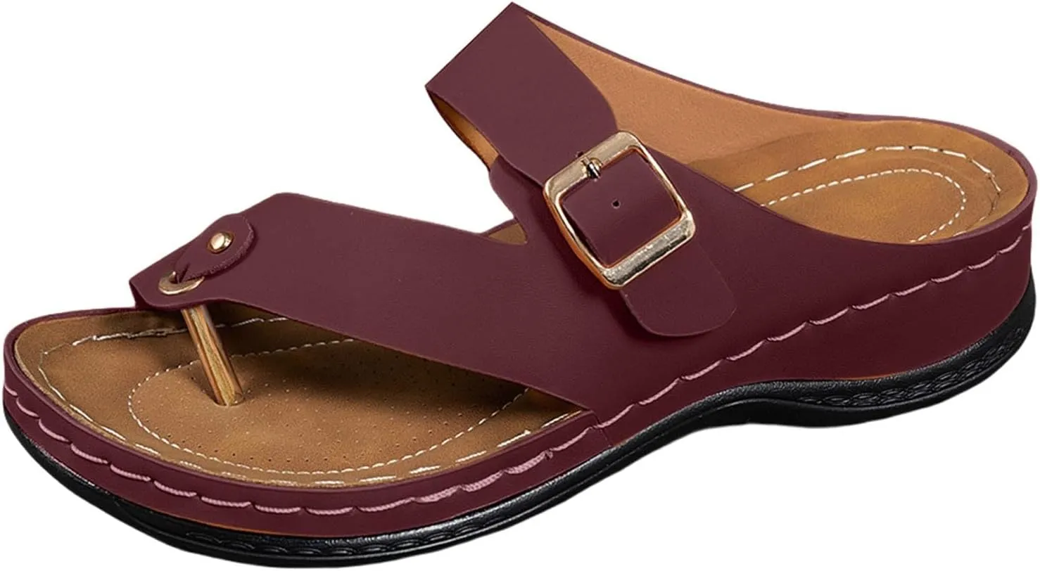 Women's Summer Arch Support Casual Leather Sandals Retro Comfortable Ring Toe Belt Buckle Wedge Flat Beach Sandals Walking Shoes