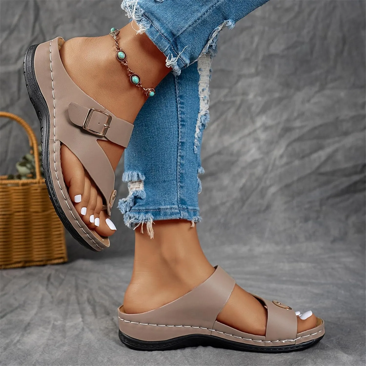 Women's Summer Arch Support Casual Leather Sandals Retro Comfortable Ring Toe Belt Buckle Wedge Flat Beach Sandals Walking Shoes