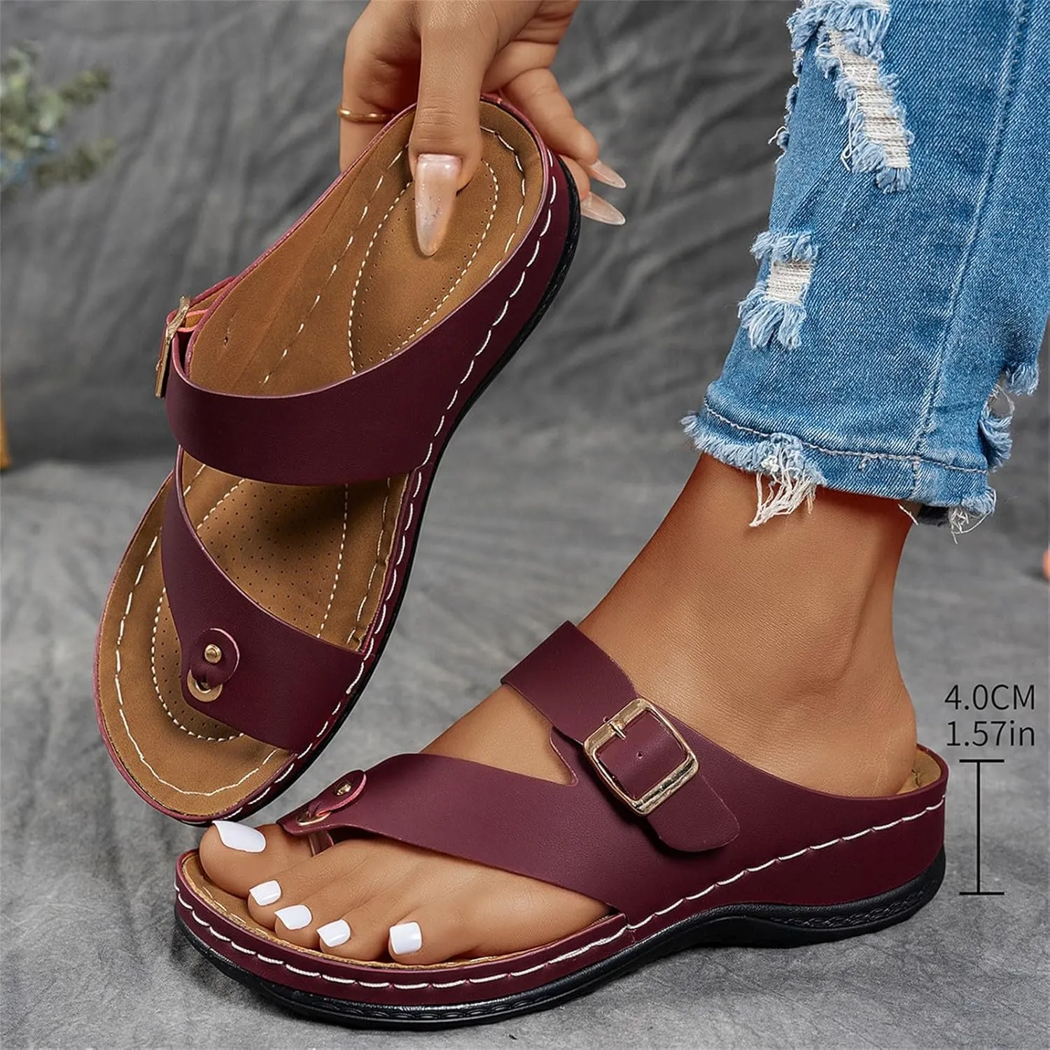 Women's Summer Arch Support Casual Leather Sandals Retro Comfortable Ring Toe Belt Buckle Wedge Flat Beach Sandals Walking Shoes