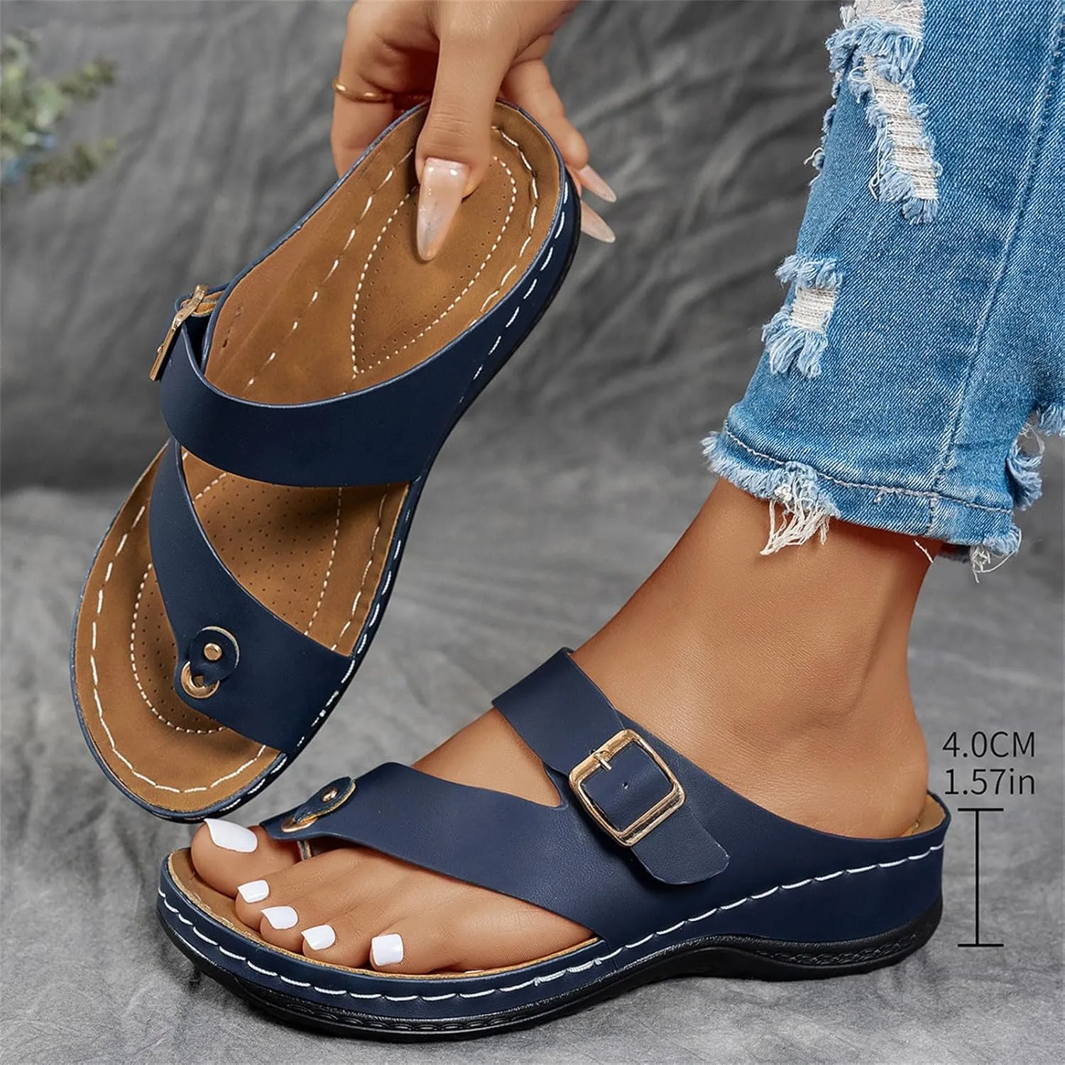 Women's Summer Arch Support Casual Leather Sandals Retro Comfortable Ring Toe Belt Buckle Wedge Flat Beach Sandals Walking Shoes