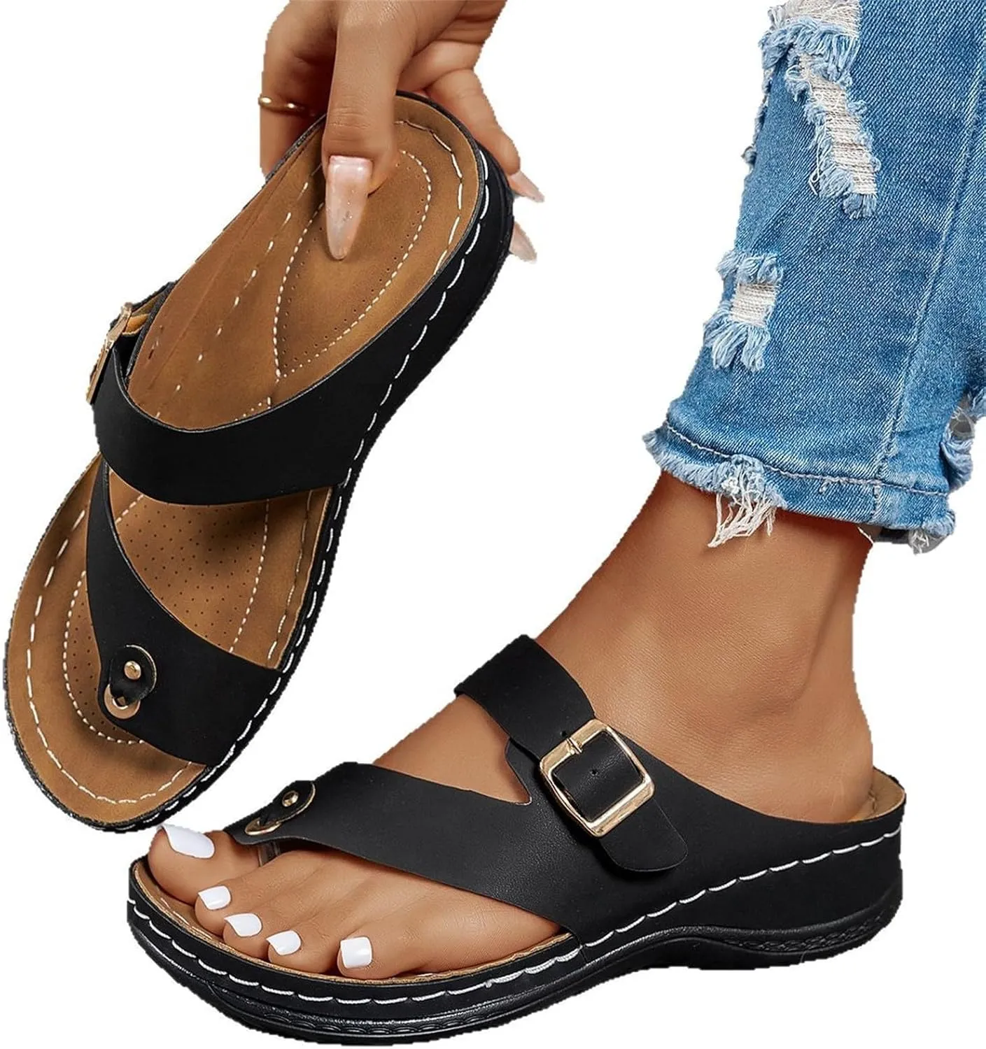 Women's Summer Arch Support Casual Leather Sandals Retro Comfortable Ring Toe Belt Buckle Wedge Flat Beach Sandals Walking Shoes