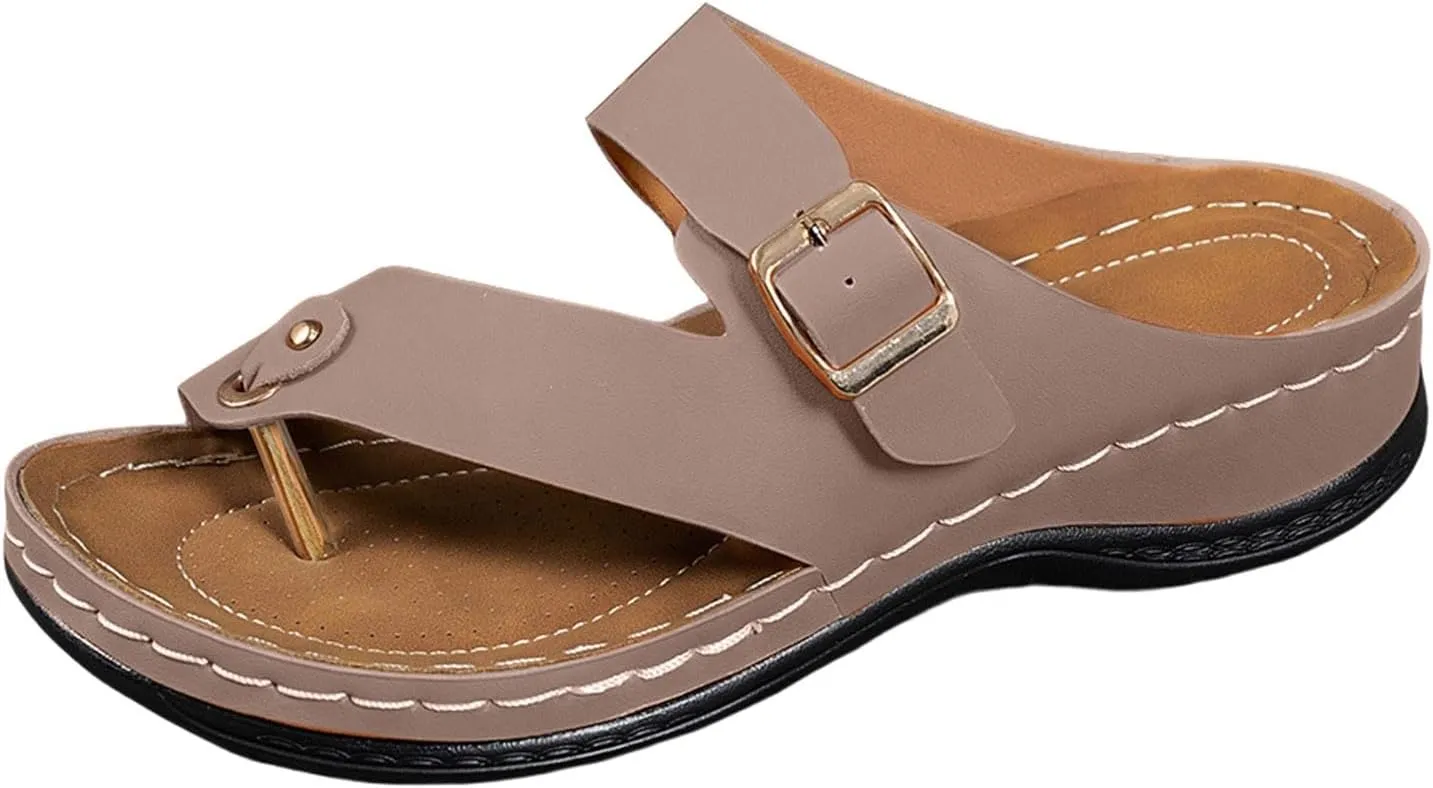 Women's Summer Arch Support Casual Leather Sandals Retro Comfortable Ring Toe Belt Buckle Wedge Flat Beach Sandals Walking Shoes