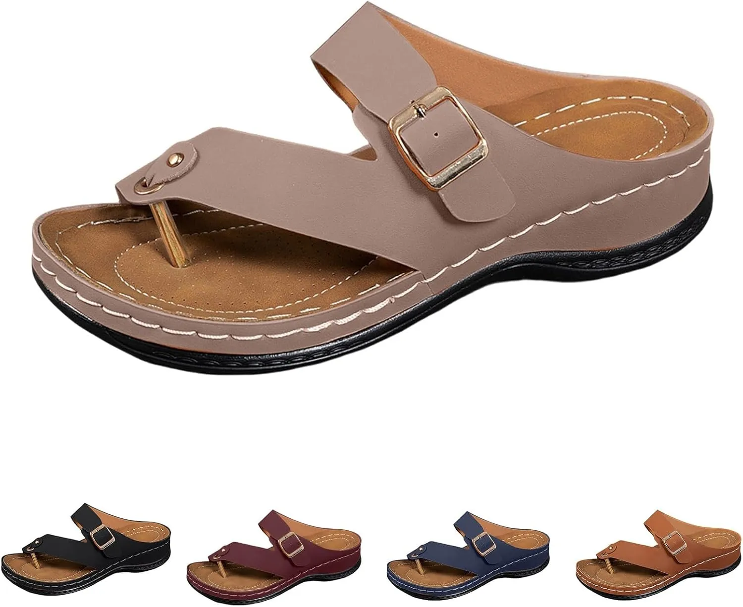 Women's Summer Arch Support Casual Leather Sandals Retro Comfortable Ring Toe Belt Buckle Wedge Flat Beach Sandals Walking Shoes