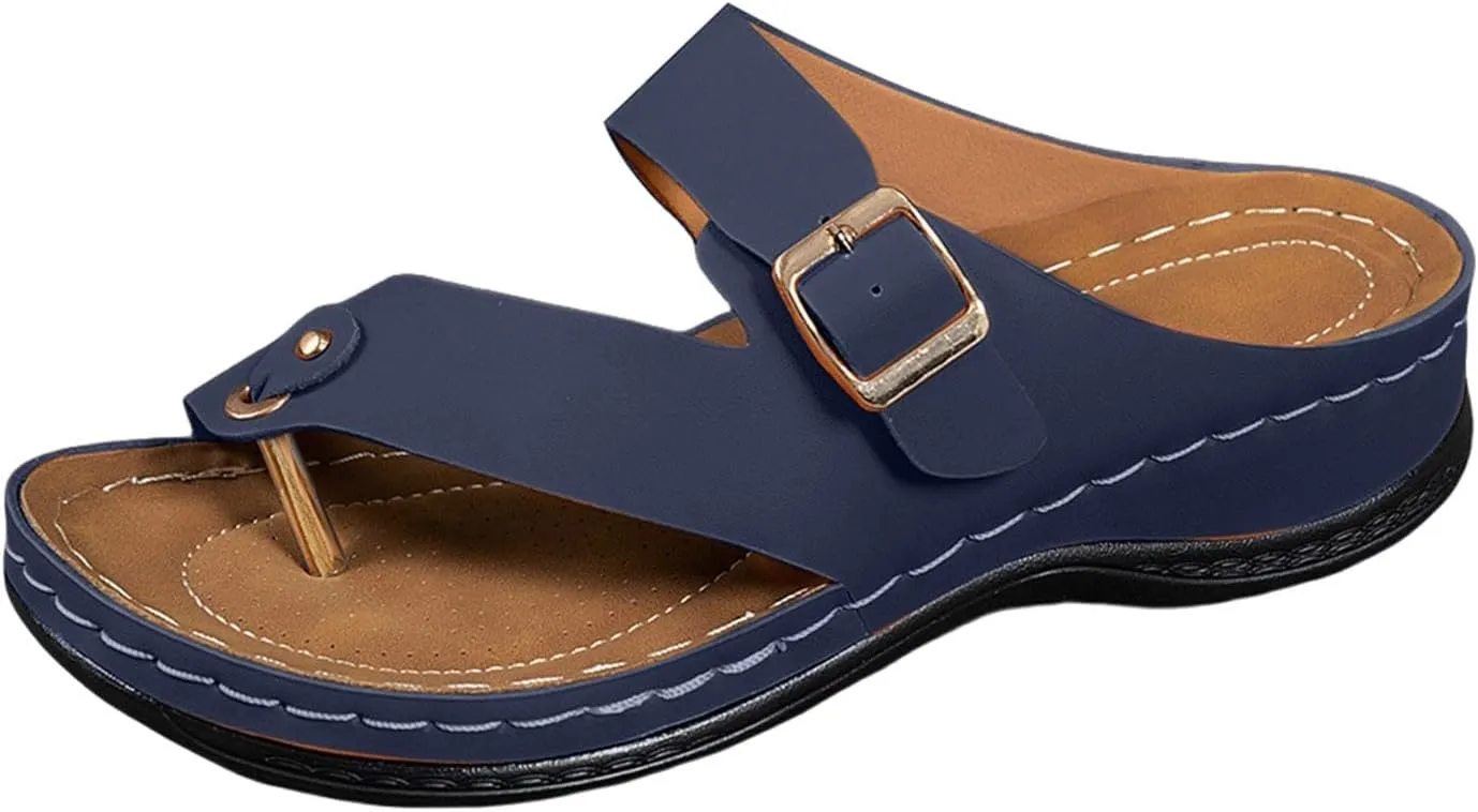 Women's Summer Arch Support Casual Leather Sandals Retro Comfortable Ring Toe Belt Buckle Wedge Flat Beach Sandals Walking Shoes