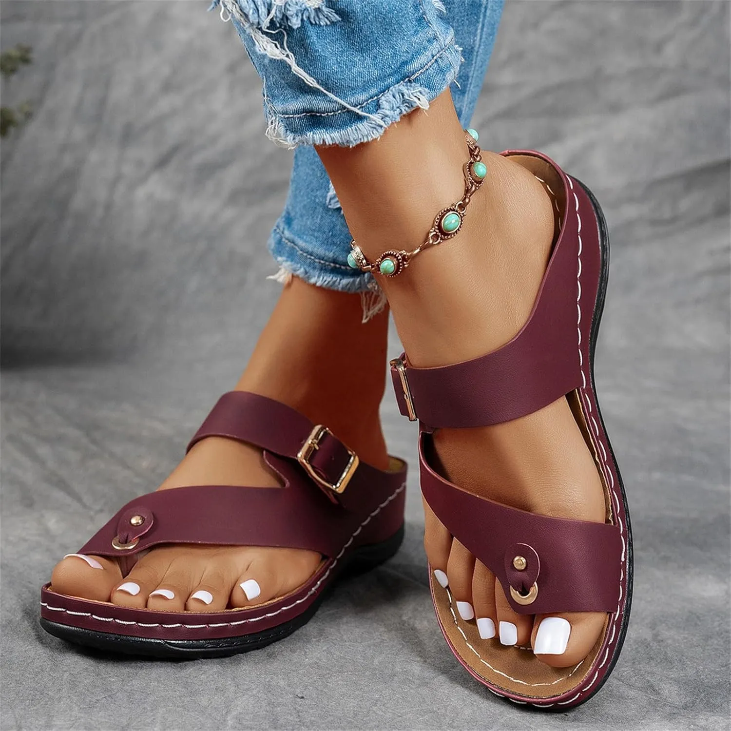 Women's Summer Arch Support Casual Leather Sandals Retro Comfortable Ring Toe Belt Buckle Wedge Flat Beach Sandals Walking Shoes