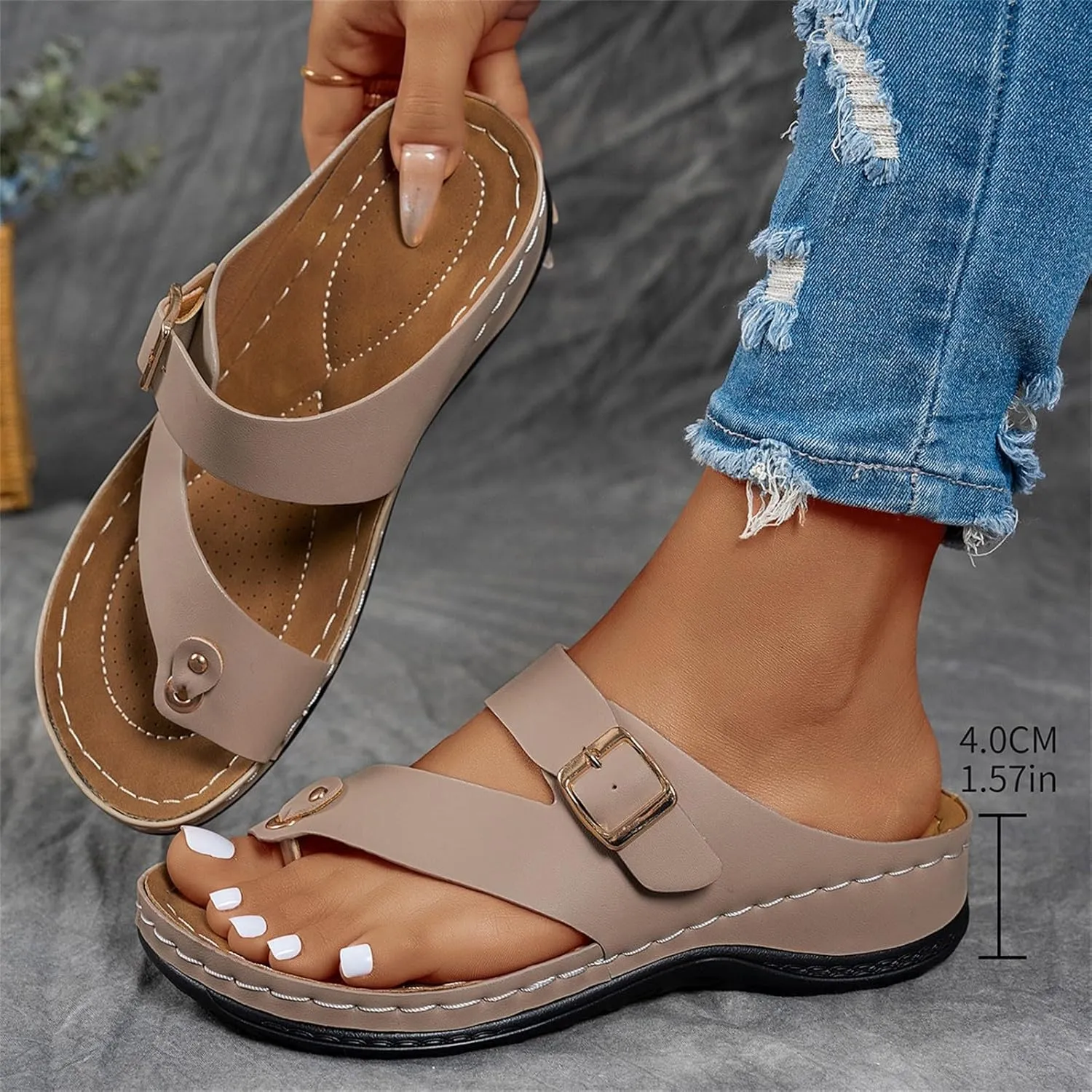 Women's Summer Arch Support Casual Leather Sandals Retro Comfortable Ring Toe Belt Buckle Wedge Flat Beach Sandals Walking Shoes