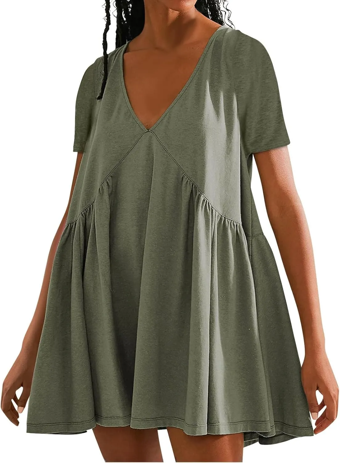 Womens Summer Babydoll Dresses 2024 Casual Short Sleeve Cotton Linen Mini-Dress Trendy Flowy Ruffle Swing Dress