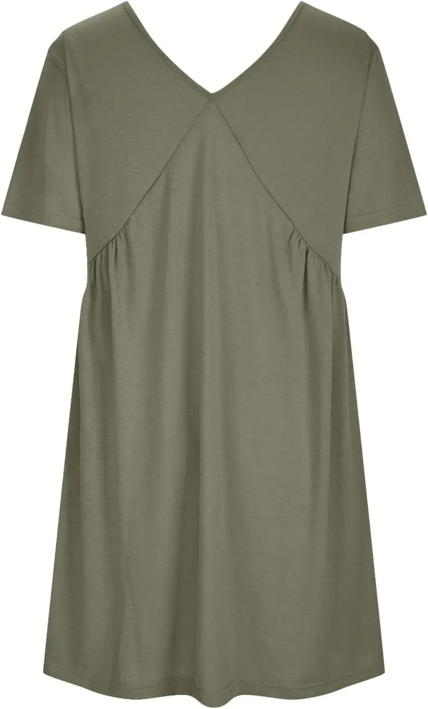 Womens Summer Babydoll Dresses 2024 Casual Short Sleeve Cotton Linen Mini-Dress Trendy Flowy Ruffle Swing Dress