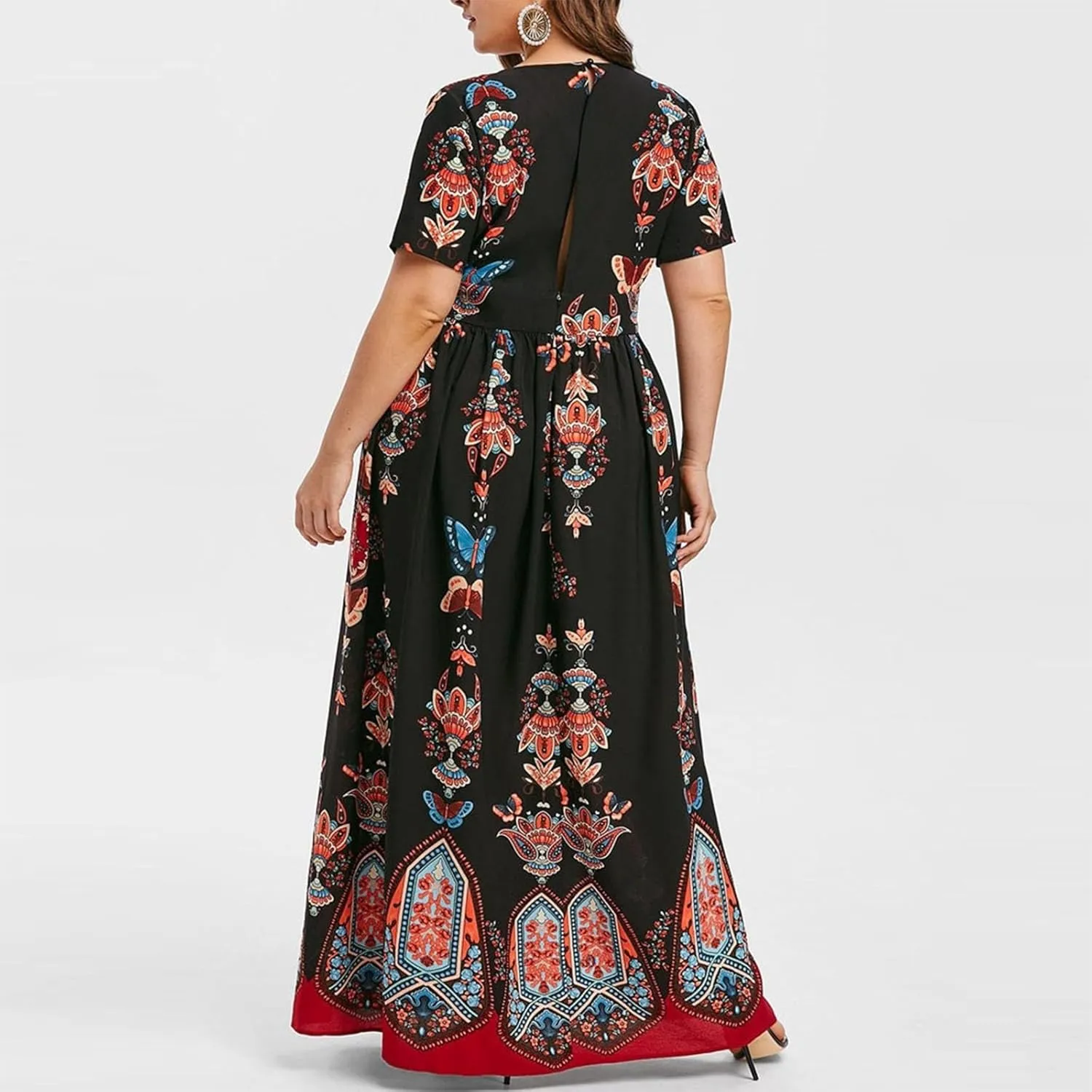 Women's Summer Bohemian Floral Print Split Beach Party Maxi Dress Wrap V Neck Short Sleeve Casual Long Dresses