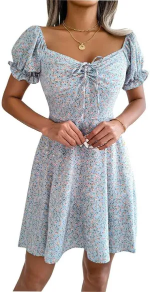 Women's Summer Boho Dress Floral Print Puff Sleeve High Waist Casual Beach Mini Dresses Sundress