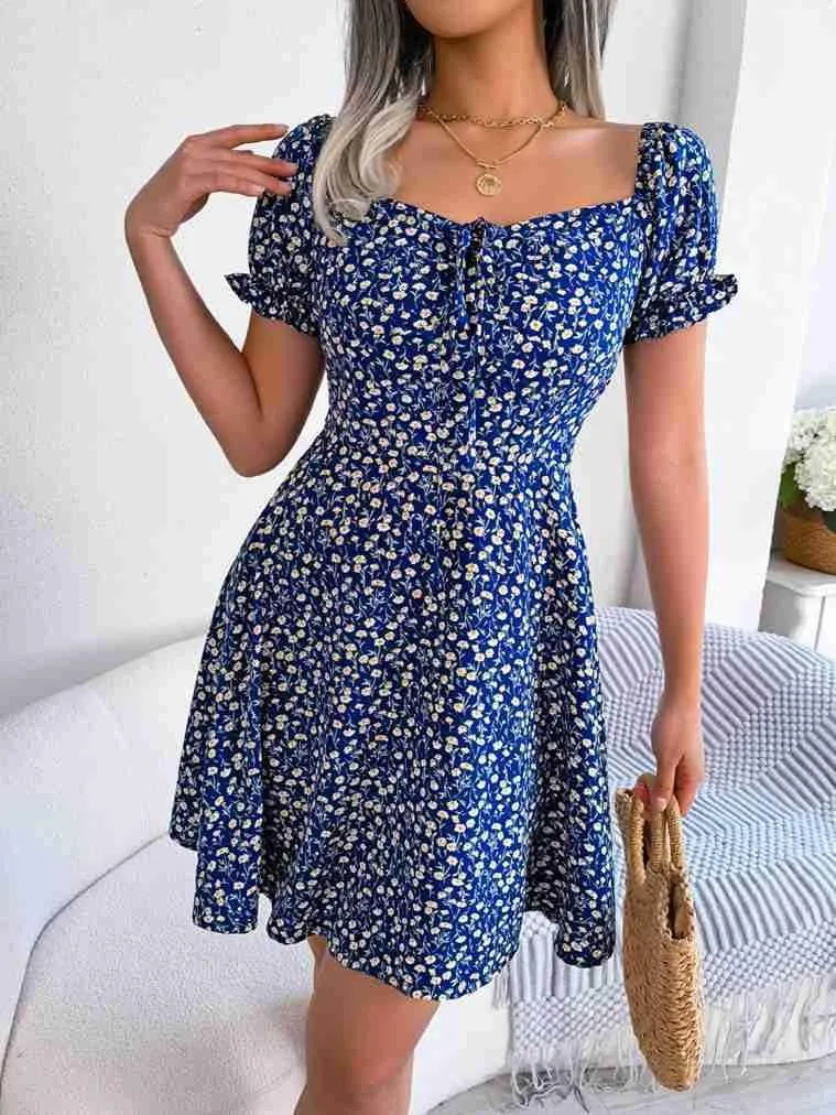 Women's Summer Boho Dress Floral Print Puff Sleeve High Waist Casual Beach Mini Dresses Sundress