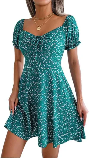 Women's Summer Boho Dress Floral Print Puff Sleeve High Waist Casual Beach Mini Dresses Sundress