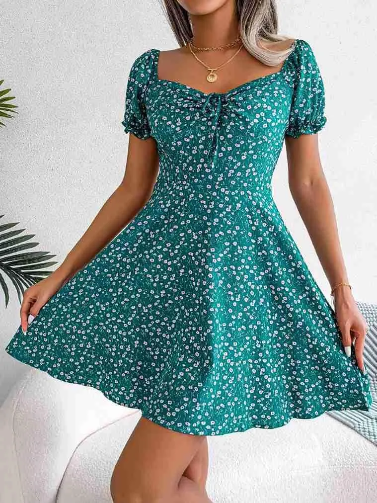 Women's Summer Boho Dress Floral Print Puff Sleeve High Waist Casual Beach Mini Dresses Sundress