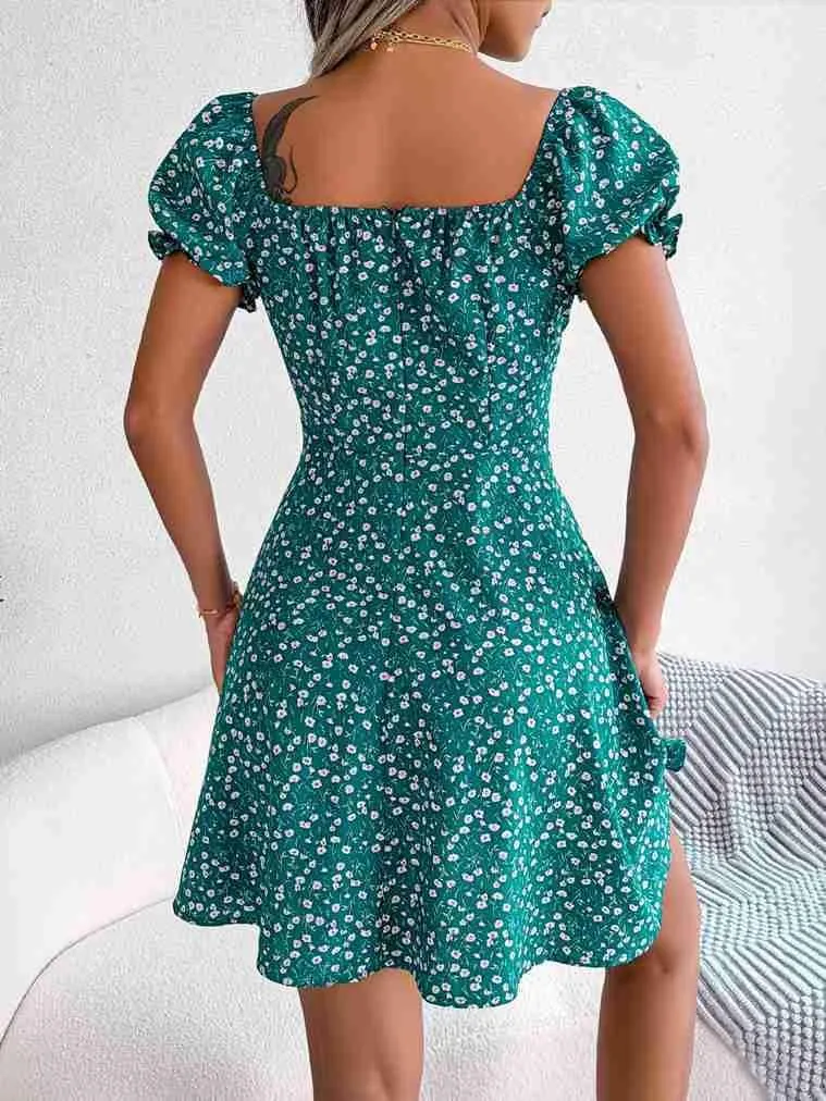 Women's Summer Boho Dress Floral Print Puff Sleeve High Waist Casual Beach Mini Dresses Sundress