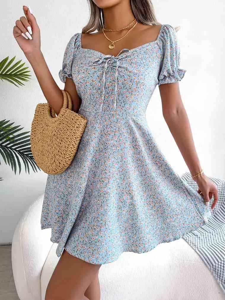 Women's Summer Boho Dress Floral Print Puff Sleeve High Waist Casual Beach Mini Dresses Sundress