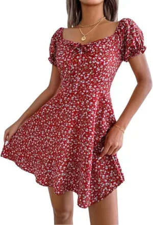 Women's Summer Boho Dress Floral Print Puff Sleeve High Waist Casual Beach Mini Dresses Sundress