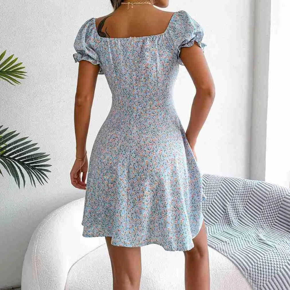 Women's Summer Boho Dress Floral Print Puff Sleeve High Waist Casual Beach Mini Dresses Sundress