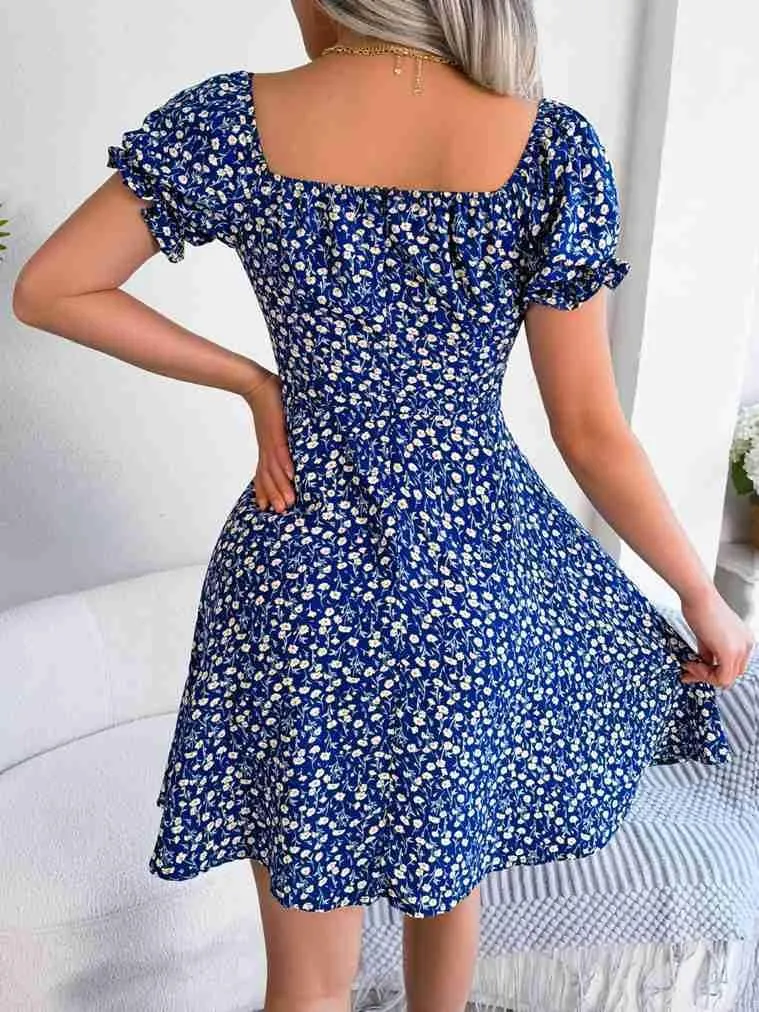 Women's Summer Boho Dress Floral Print Puff Sleeve High Waist Casual Beach Mini Dresses Sundress