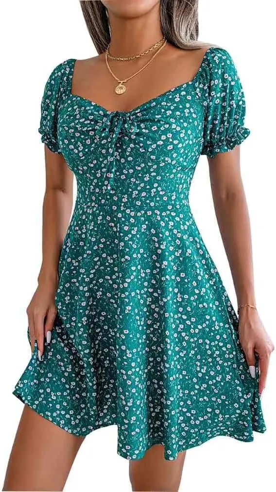 Women's Summer Boho Dress Floral Print Puff Sleeve High Waist Casual Beach Mini Dresses Sundress