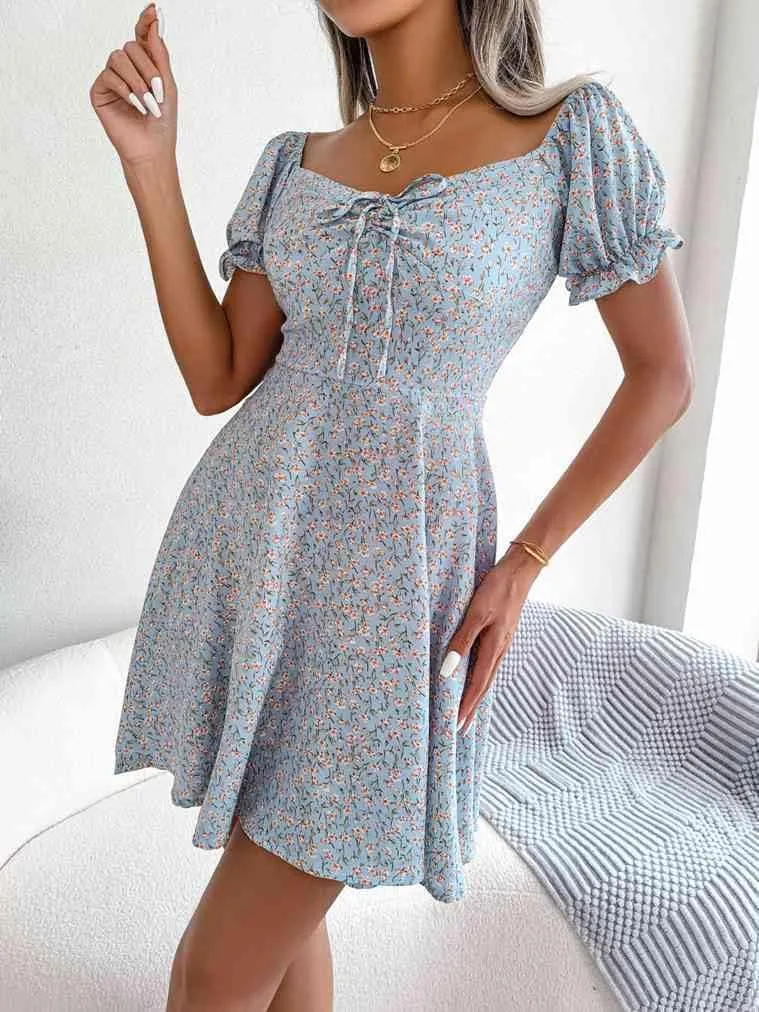 Women's Summer Boho Dress Floral Print Puff Sleeve High Waist Casual Beach Mini Dresses Sundress