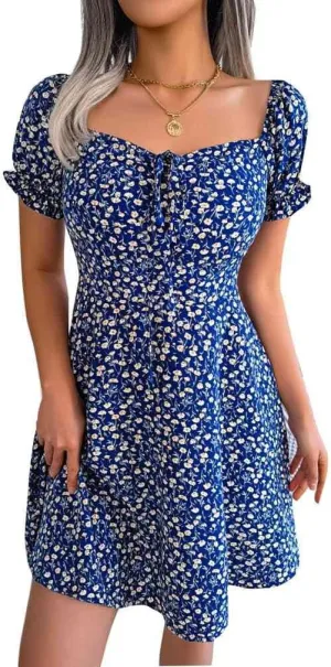Women's Summer Boho Dress Floral Print Puff Sleeve High Waist Casual Beach Mini Dresses Sundress