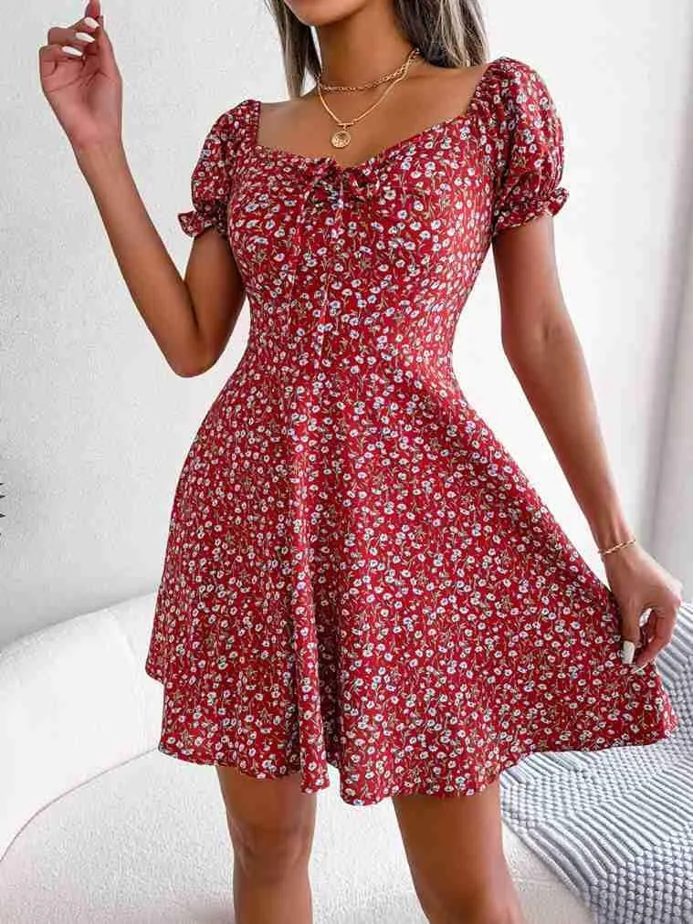Women's Summer Boho Dress Floral Print Puff Sleeve High Waist Casual Beach Mini Dresses Sundress