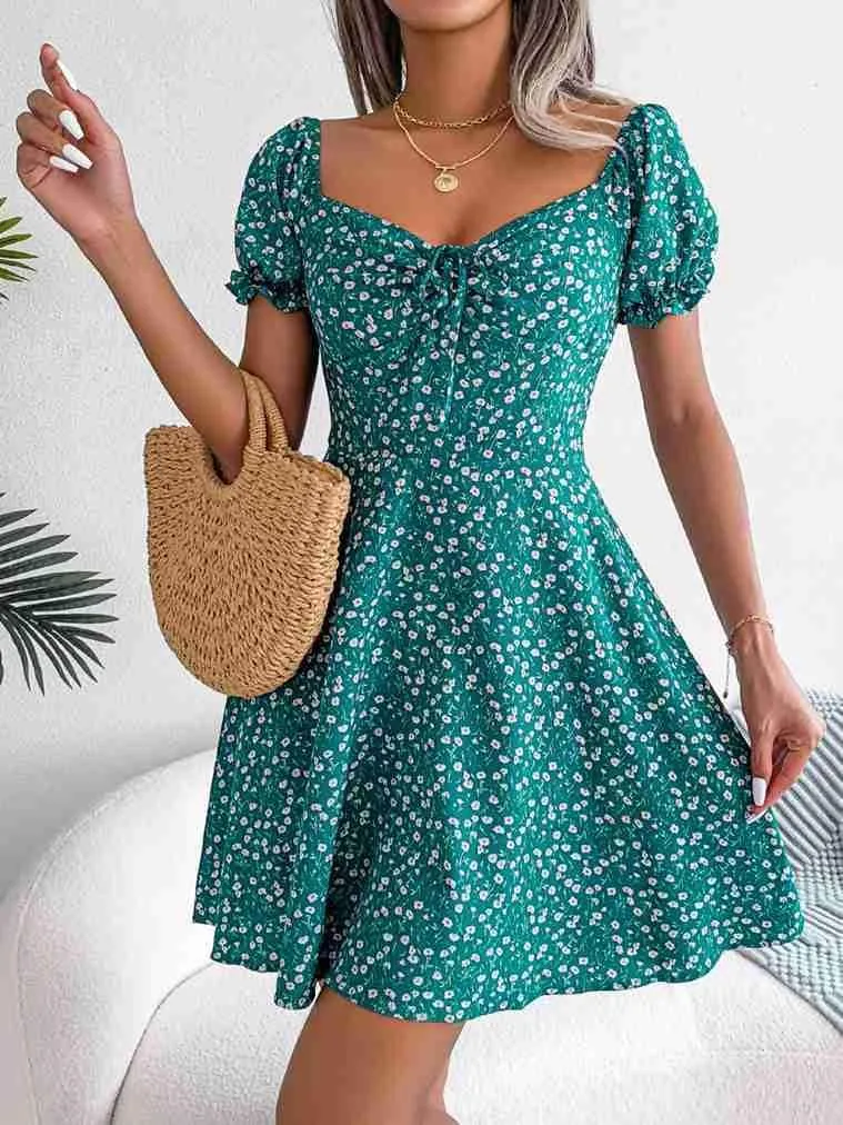 Women's Summer Boho Dress Floral Print Puff Sleeve High Waist Casual Beach Mini Dresses Sundress