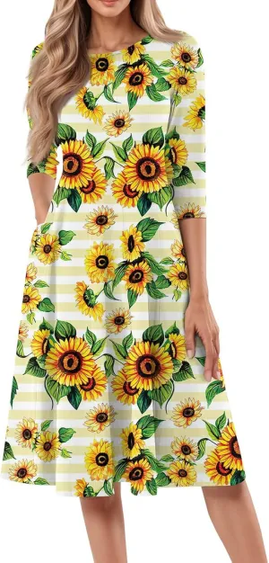 Women's Summer Casual Loose Trendy Crew Neck 3/4 Sleeve Floral Stripe Printed Boho Dress 2025 Plus Size, S-3XL