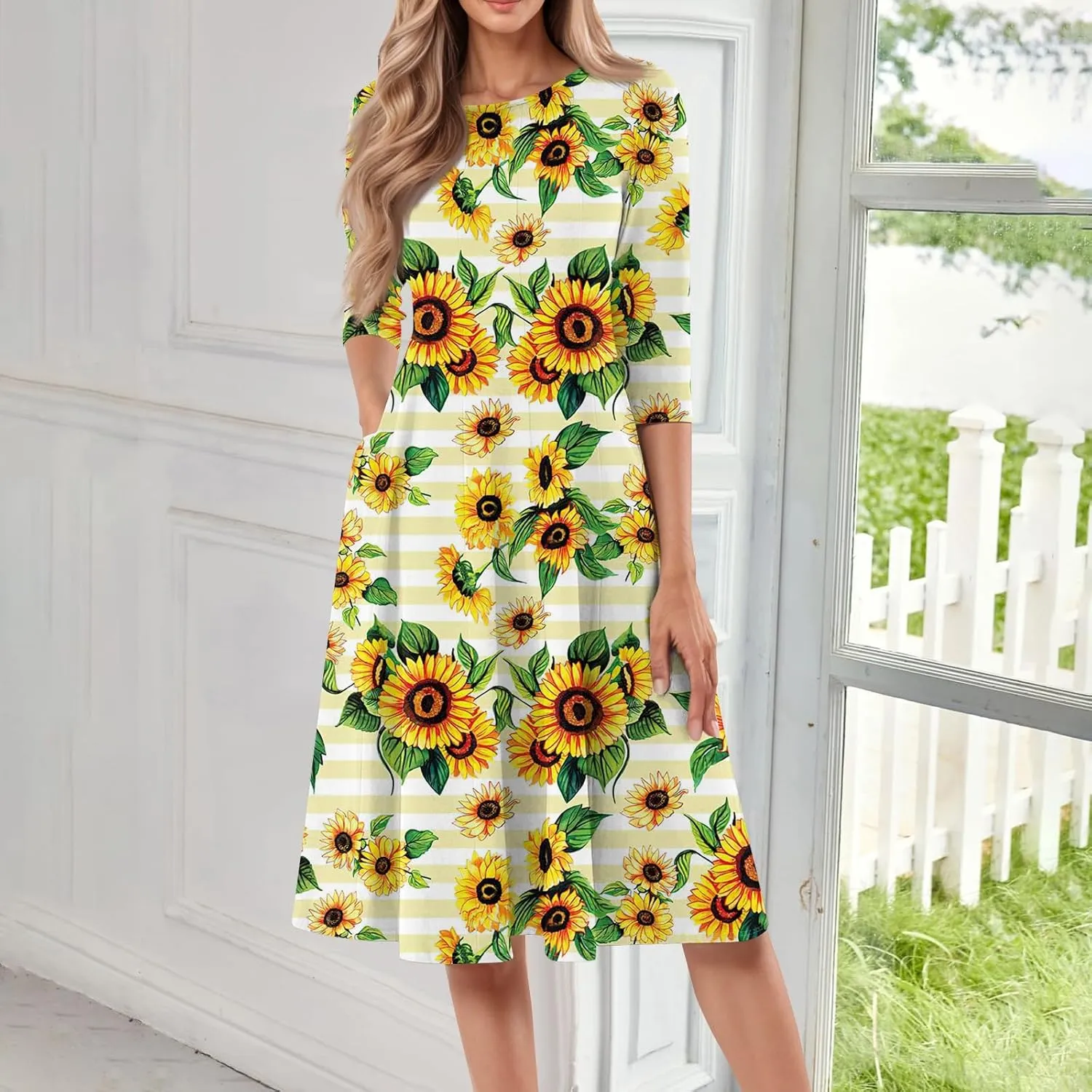 Women's Summer Casual Loose Trendy Crew Neck 3/4 Sleeve Floral Stripe Printed Boho Dress 2025 Plus Size, S-3XL