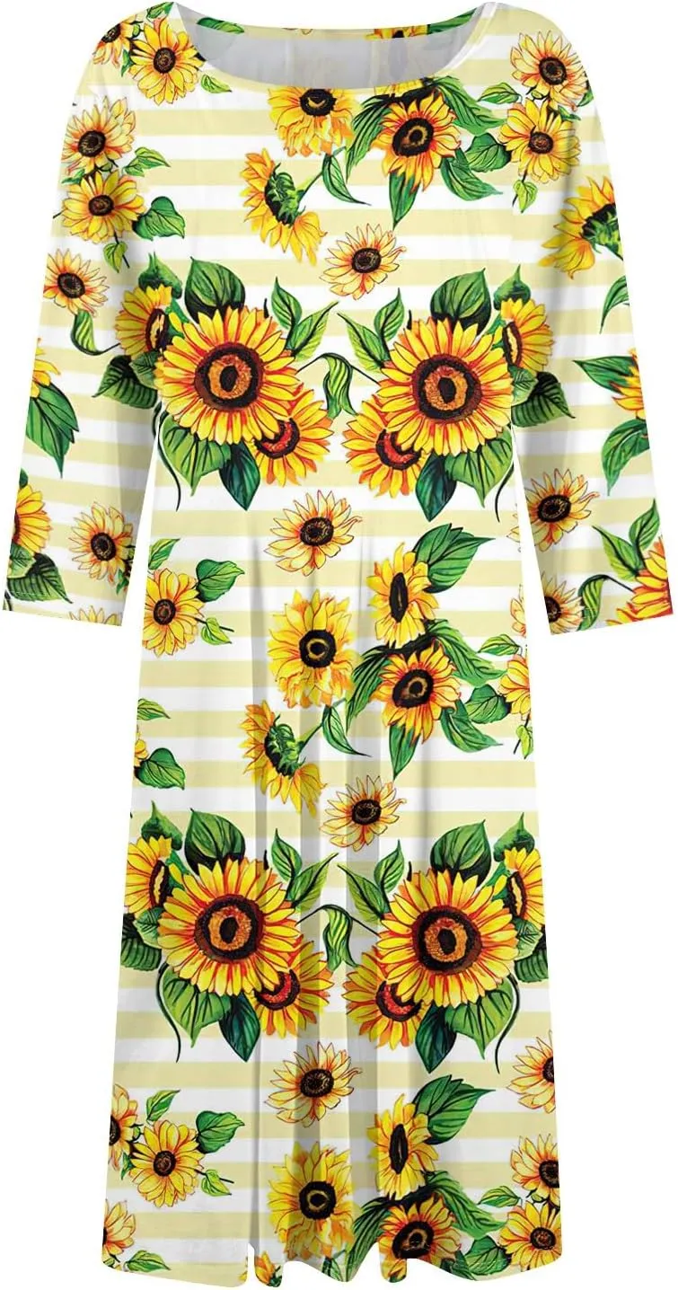 Women's Summer Casual Loose Trendy Crew Neck 3/4 Sleeve Floral Stripe Printed Boho Dress 2025 Plus Size, S-3XL