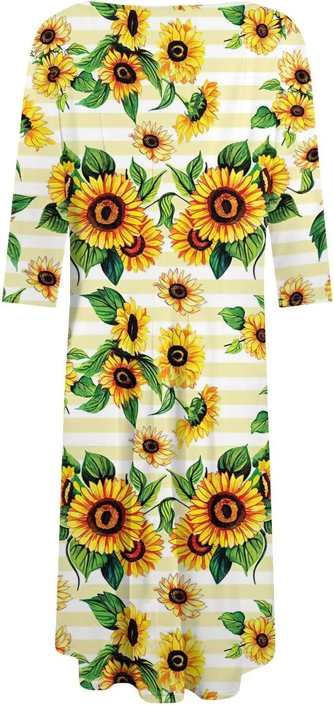 Women's Summer Casual Loose Trendy Crew Neck 3/4 Sleeve Floral Stripe Printed Boho Dress 2025 Plus Size, S-3XL