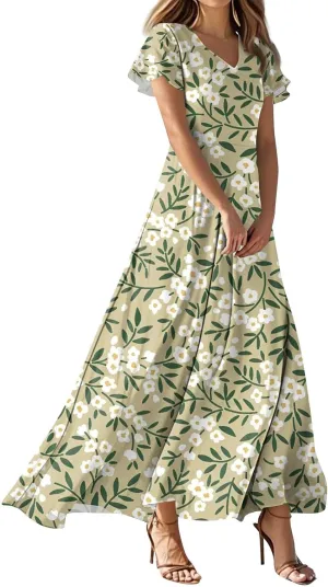 Women's Summer Dress 2025 Short Sleeve V-Neck Boho Floral Printed Flowy Swing Sundress Wedding Guest Dresses