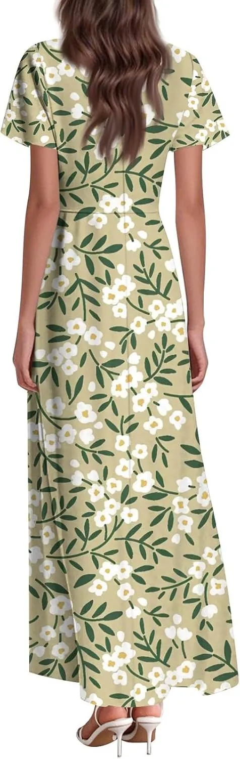 Women's Summer Dress 2025 Short Sleeve V-Neck Boho Floral Printed Flowy Swing Sundress Wedding Guest Dresses