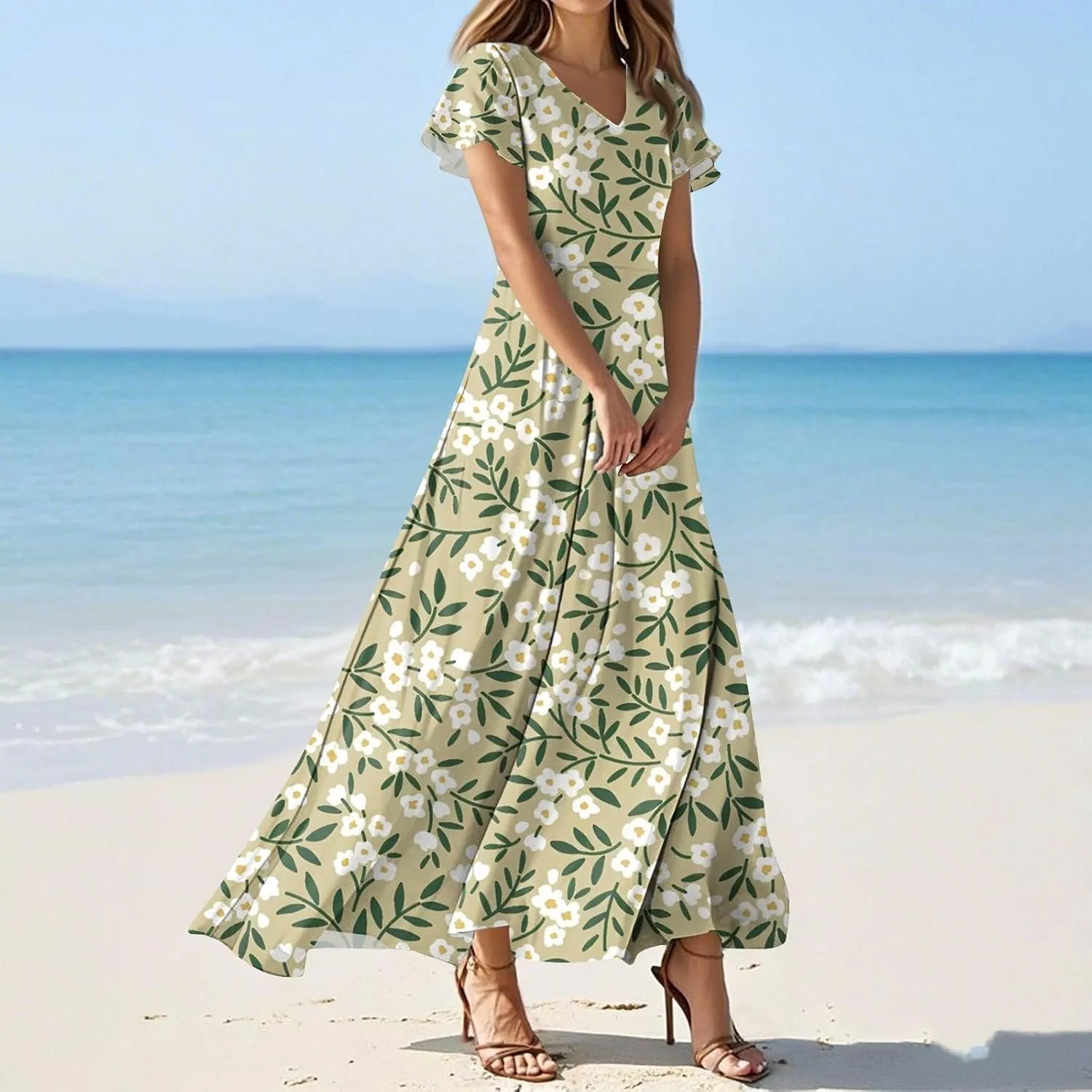 Women's Summer Dress 2025 Short Sleeve V-Neck Boho Floral Printed Flowy Swing Sundress Wedding Guest Dresses