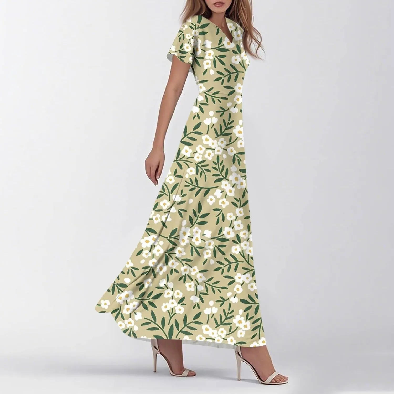 Women's Summer Dress 2025 Short Sleeve V-Neck Boho Floral Printed Flowy Swing Sundress Wedding Guest Dresses