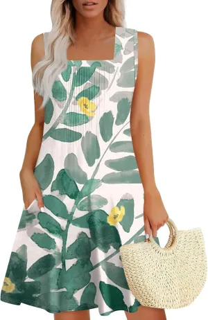 Womens Summer Dresses 2025 Pleated Square Neck Sleeveless Boho Sundresses Casual Hawaiian Beach Vacation Tank Dress