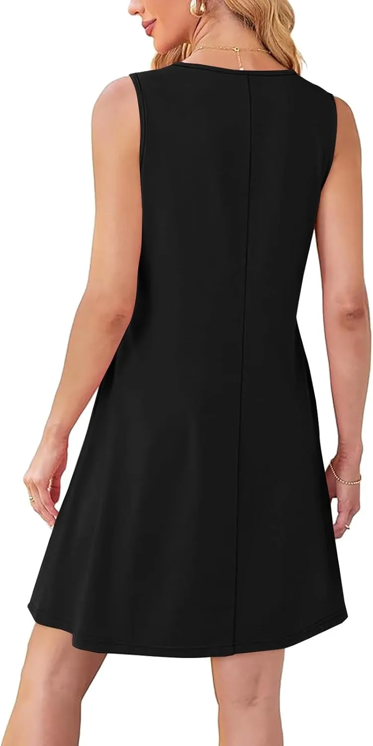 Womens Summer Dresses Casual Sleeveless Fashion Solid Color Dress Loose Fit Pleated Vacation Beach Sundress