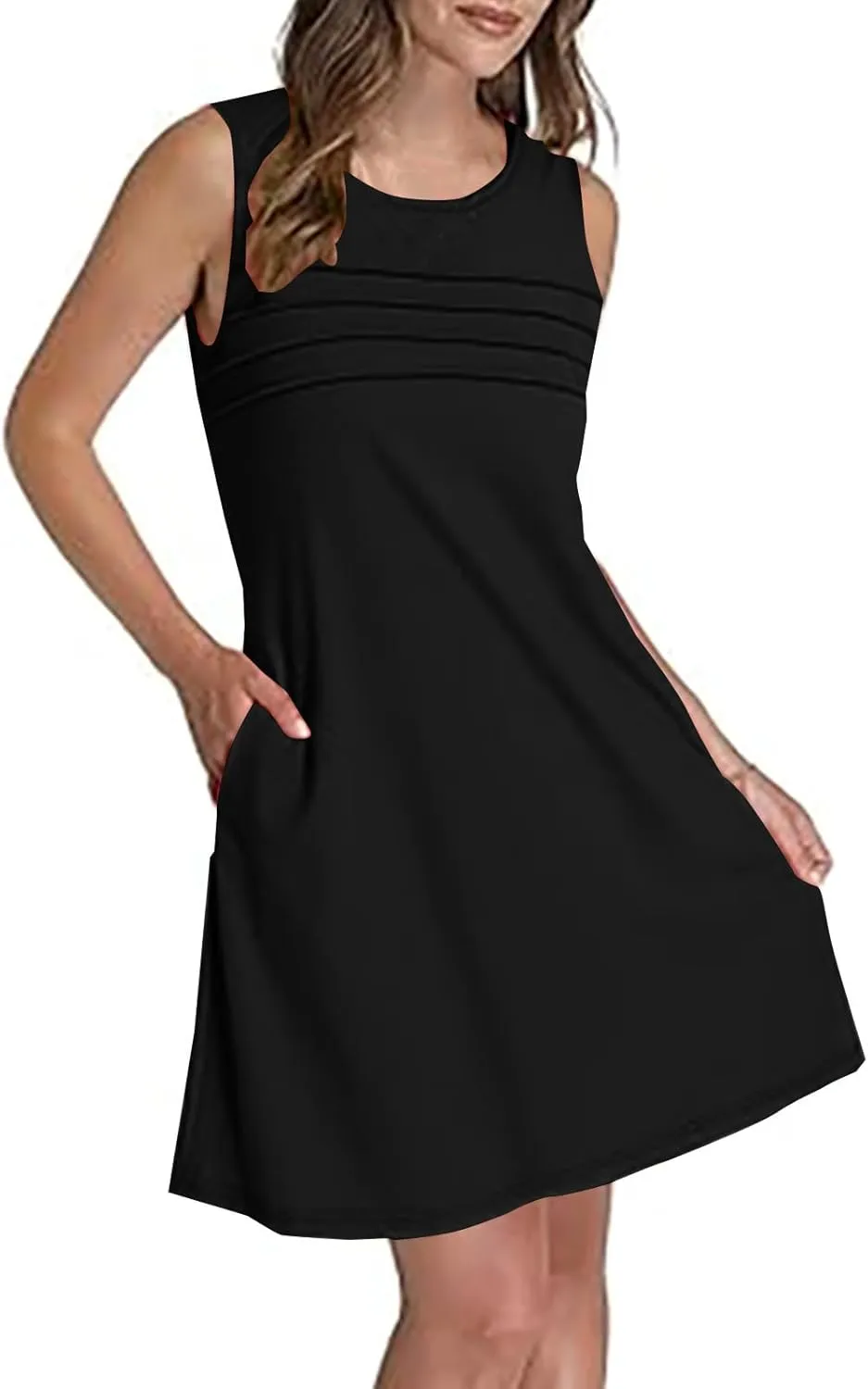 Womens Summer Dresses Casual Sleeveless Fashion Solid Color Dress Loose Fit Pleated Vacation Beach Sundress