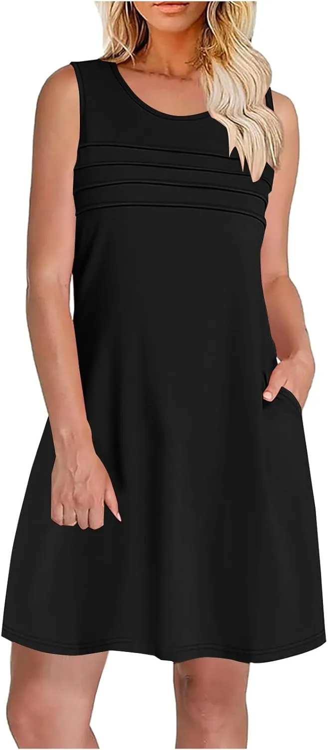 Womens Summer Dresses Casual Sleeveless Fashion Solid Color Dress Loose Fit Pleated Vacation Beach Sundress