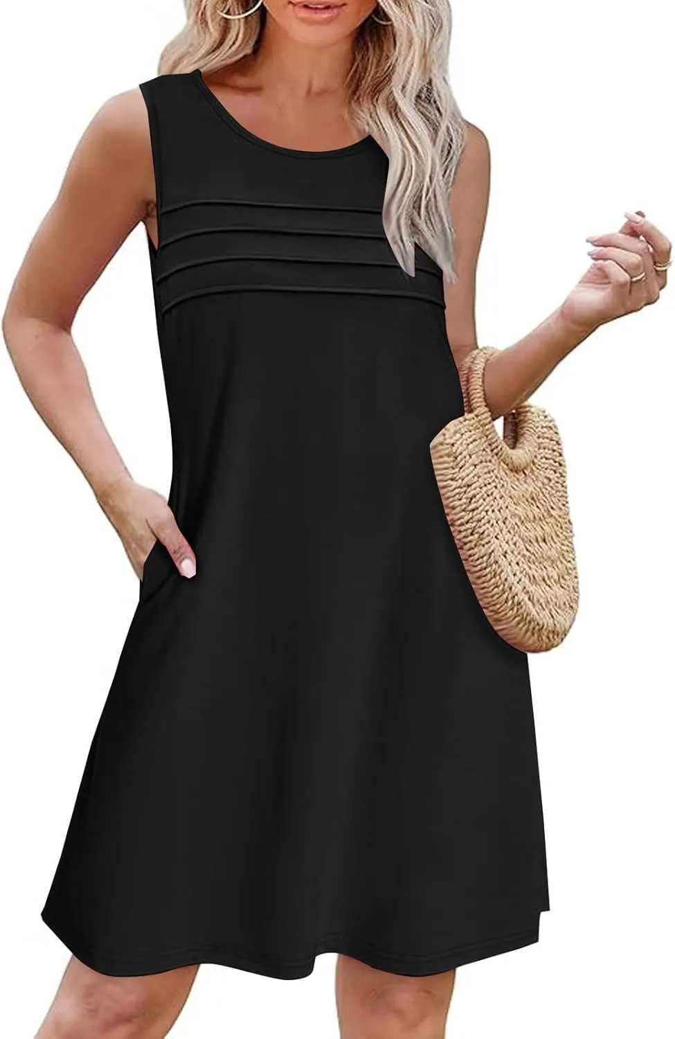 Womens Summer Dresses Casual Sleeveless Fashion Solid Color Dress Loose Fit Pleated Vacation Beach Sundress