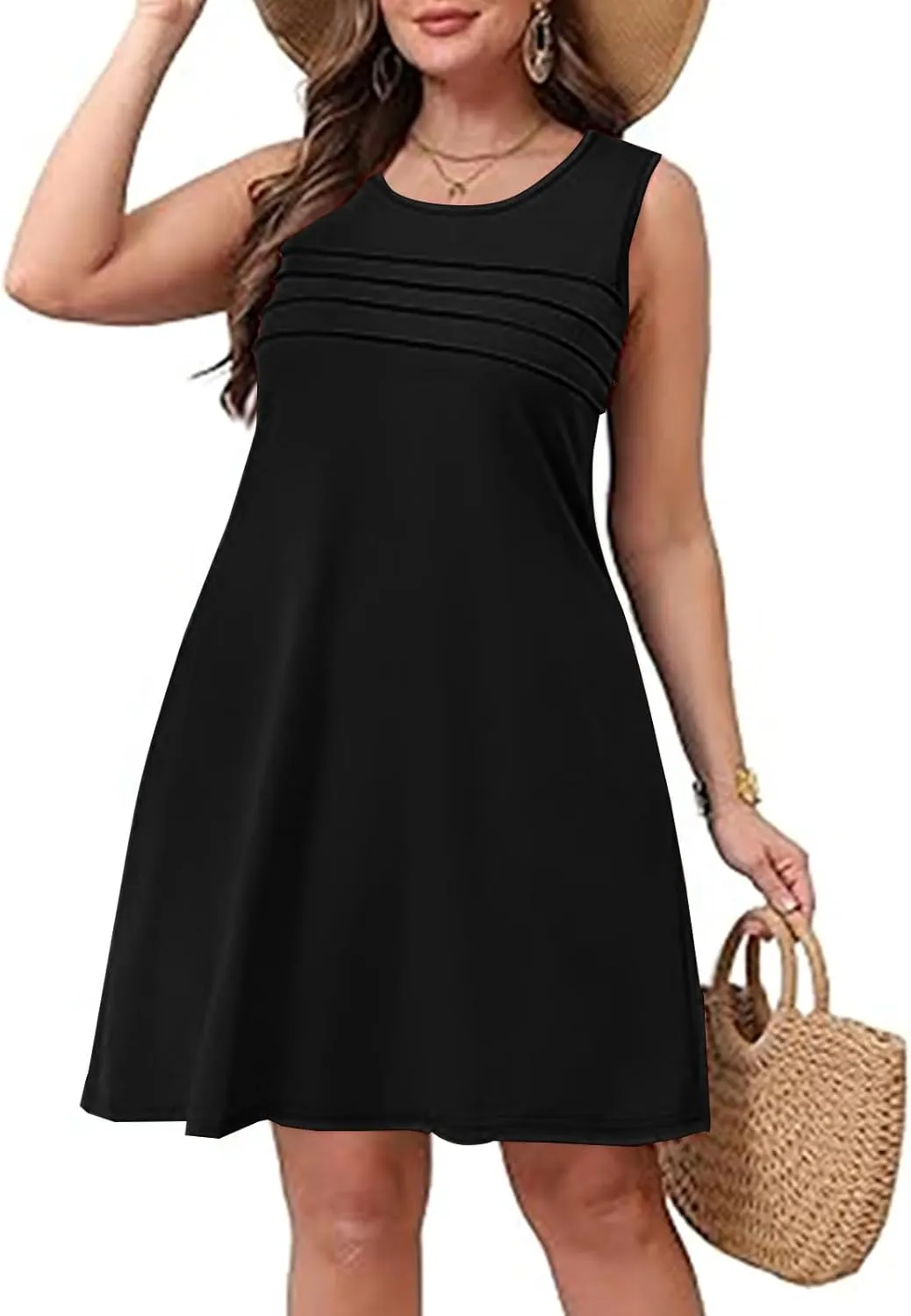 Womens Summer Dresses Casual Sleeveless Fashion Solid Color Dress Loose Fit Pleated Vacation Beach Sundress