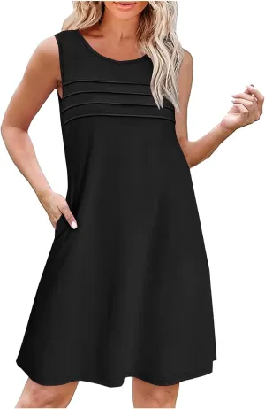 Womens Summer Dresses Casual Sleeveless Fashion Solid Color Dress Loose Fit Pleated Vacation Beach Sundress