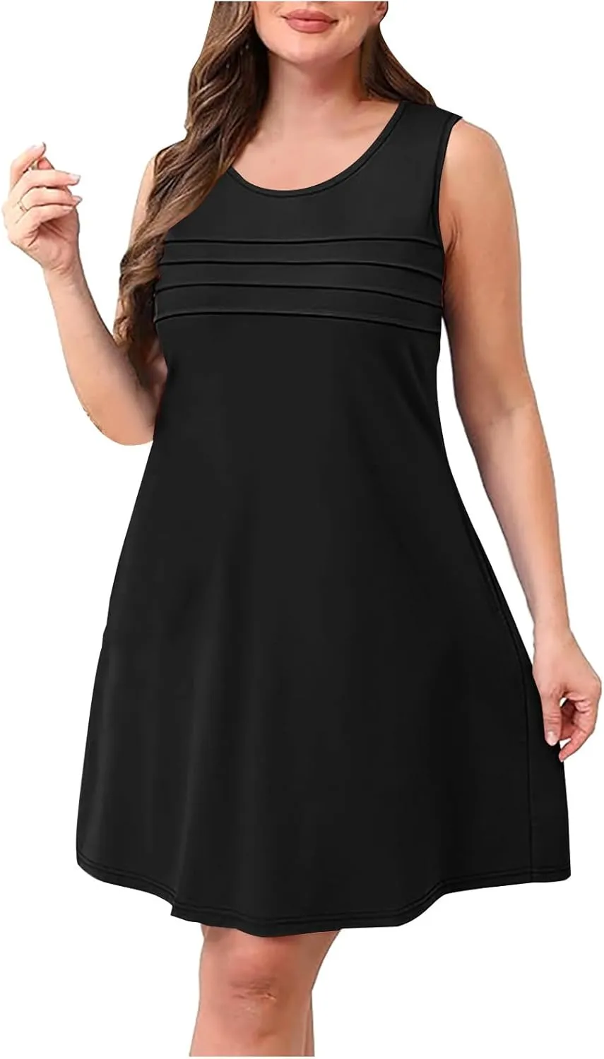 Womens Summer Dresses Casual Sleeveless Fashion Solid Color Dress Loose Fit Pleated Vacation Beach Sundress